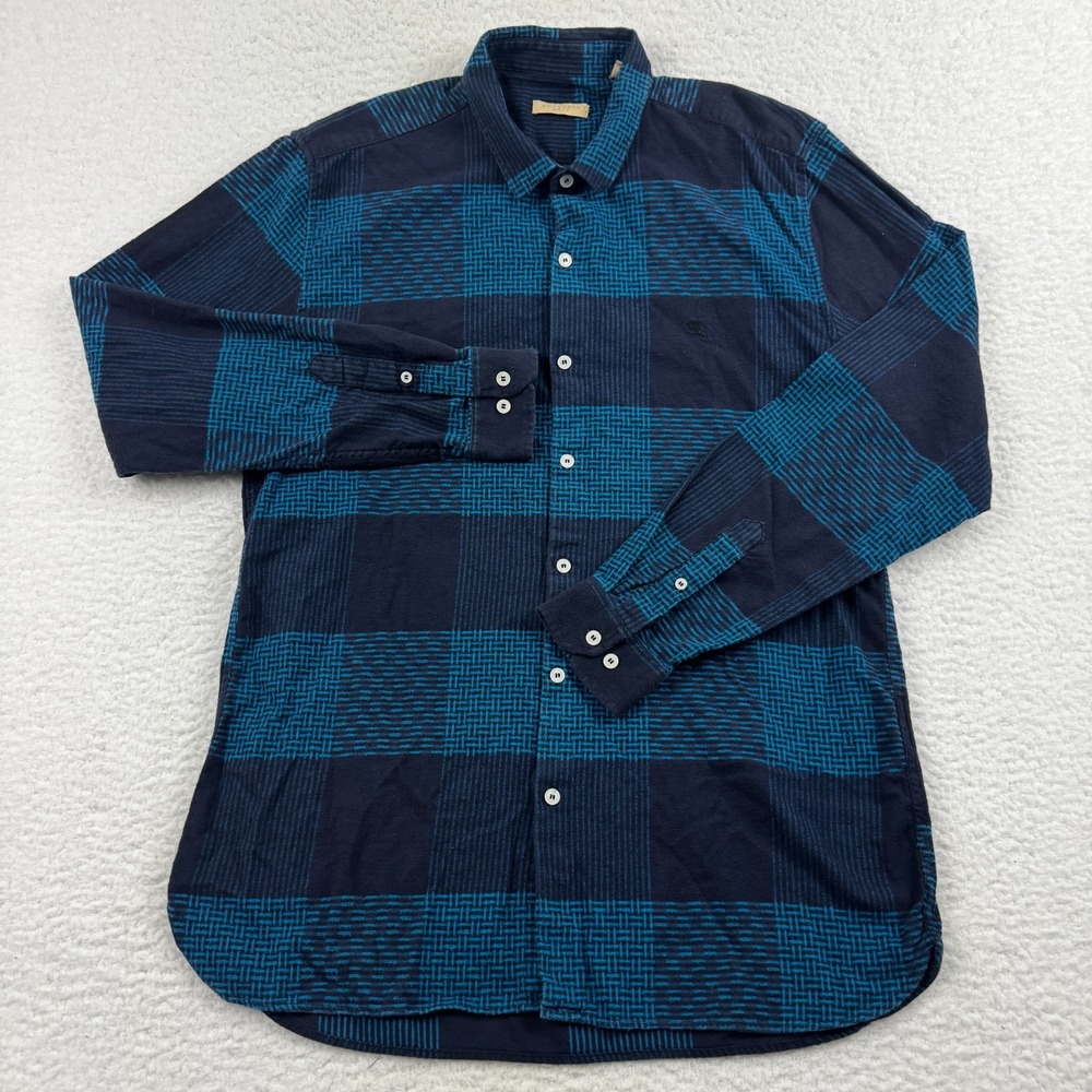 Burberry Brit Flannel Shirt Mens 2XL Navy Teal Checkered Long Sleeve Button Up